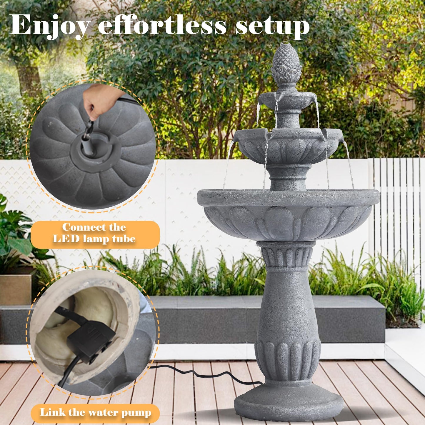 GIODIR 40.6" High Large Italian Outdoor Water Fountain, 3-Tier Standing Bubbler Waterfalls Fountain with Pineapple Top and Roman Pillar, Resin Garden Water Fountains for Bird Bath Patio Yard Deck