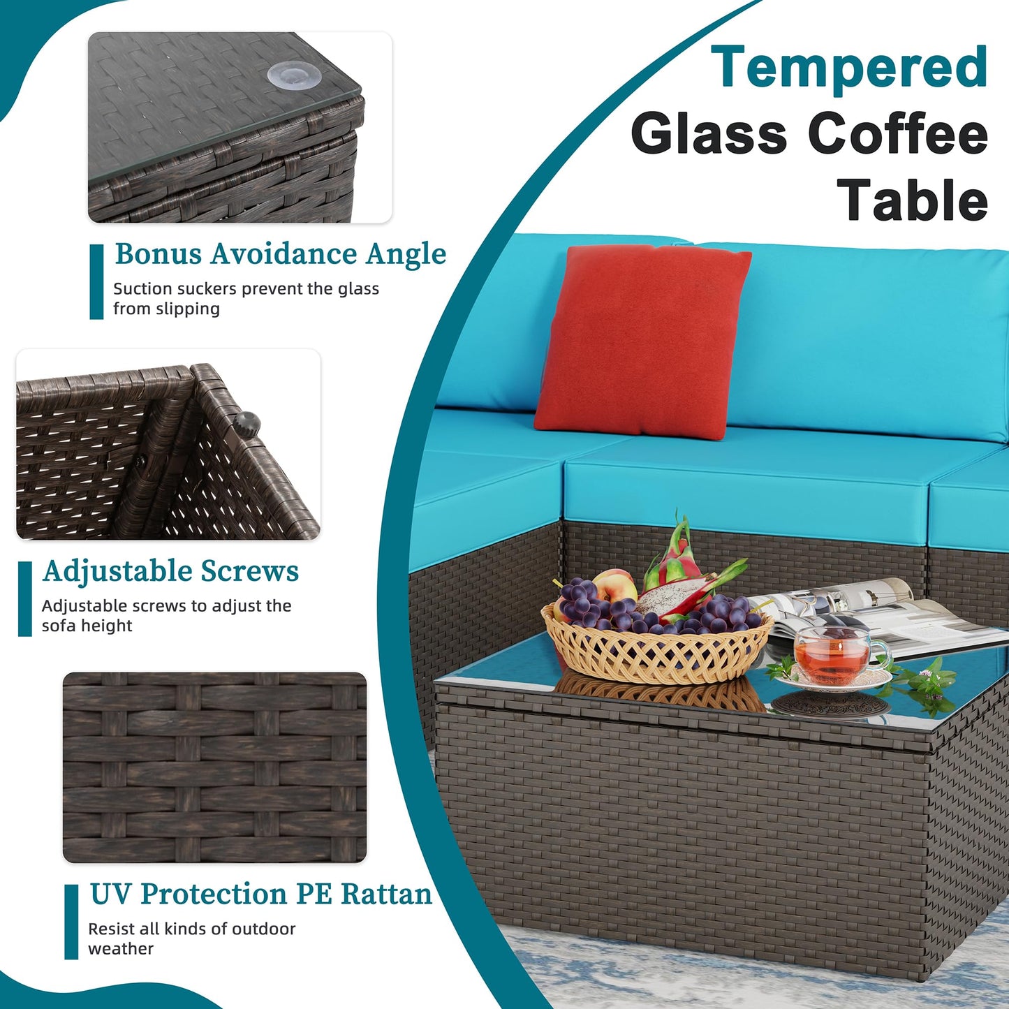 Shintenchi 6 Pieces Patio Furniture Sets Outdoor All-Weather Sectional Patio Sofa Set PE Rattan Manual Weaving Wicker Patio Conversation Set with Glass Table&Ottoman Cushion and Red Pillows, Blue