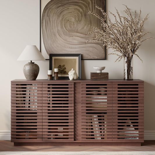 GDFStudio 60" Mid Century Modern Buffet Sideboard with Solid Wood Slatted Doors & Adjustable Shelves, Classic Buffet Sideboard Credenza Storage Cabinets Console Table for Living Room Dining Room, Oak