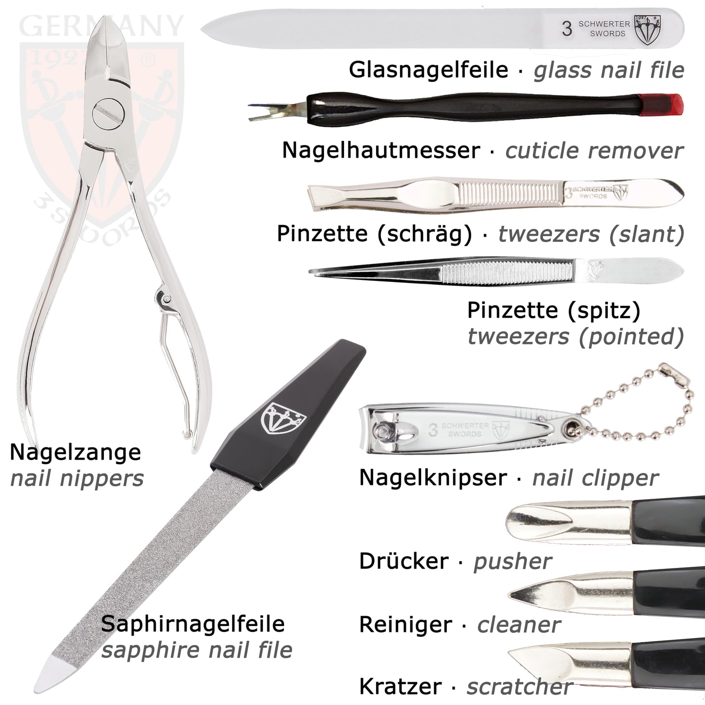 3 Swords Germany – Brand Quality 12 piece Manicure Pedicure Grooming kit Set for Professional Finger & Toe Nail Care with Black Synthetic Leather case - Made in Germany