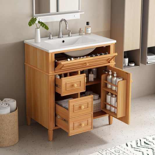 Bathroom Vanity with Sink 30 Inch, Tip-Out Drawer and Door Rack, Adjustable Shelf, Soft-Closing System, Solid Wood Legs, Wood