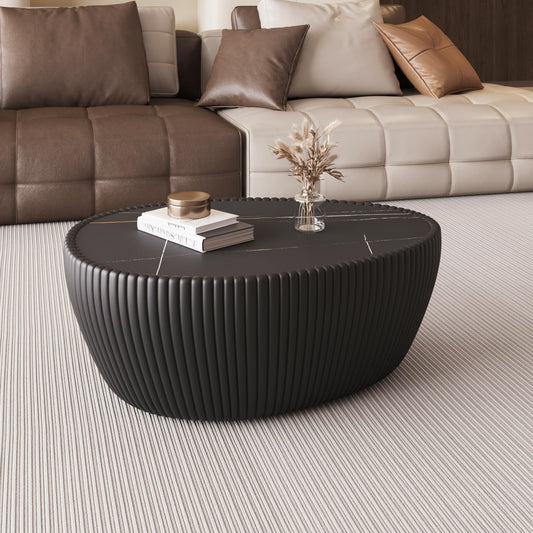 GDFStudio Goose Egg Shaped Marble Top Coffee Table with Microfiber Leather Frame, Modern Small Side Table with MDF Base, Unique Desktop Textures Tea Tables for Living Room Bedroom Office, Black