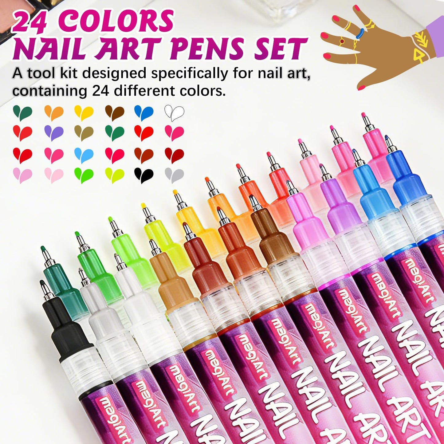 VIVIBOOM Glow In The Dark Nail Art Pens, 24 Color 0.5 MM Fluorescent Neon Nail Polish Pens Set Drawing Point Painting Liner Painted Pen Kit, Waterproof Nail for DIY Design Manicure Tools