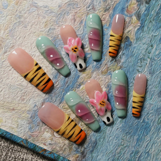 Tesytto Handmade Press on Nails Long Coffin Muti-Layer Gel Fake Nails - 3D Lotus Flowers & Tiger Print, French Tip Glossy Thick Acrylic Nails (Playful Zebra with Lotus,S)