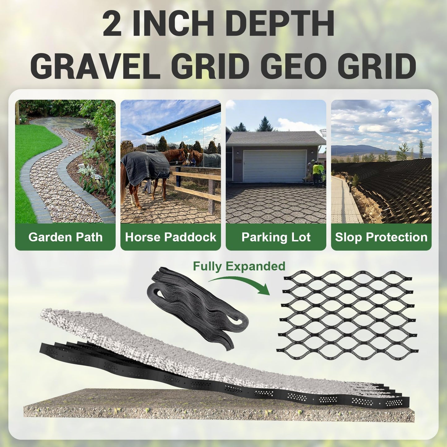 Gravel Grid 9x17.5 FT with 15Pcs Landscape Staples, 2'' Thick Geogrid Ground Grid 2200 lbs per Sq Ft Erosion Control Geo Grid for Driveway, Walkway, Horse Paddock, Patio, Parking Lot, Slope