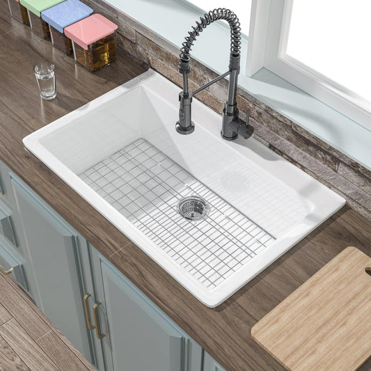 HOMLYLINK 33x22 Drop In Kitchen Sink White 1 Hole, 33 Inch Topmount Fireclay Sink Drop In Single Bowl, Heavy Duty Large Capacity Deep Basin, w 2 Custom Accessories, Pure White, for Kitchen
