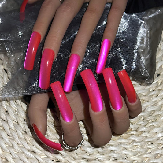 Handmade Hot Pink Press On Nails Long Curved Fake Nails with Cat's Eye Designs XL False Nails Press Ons Reusable Acrylic Nail Tips Full Cover Stick on Nail for Women Manicure 10Pcs(Size M)