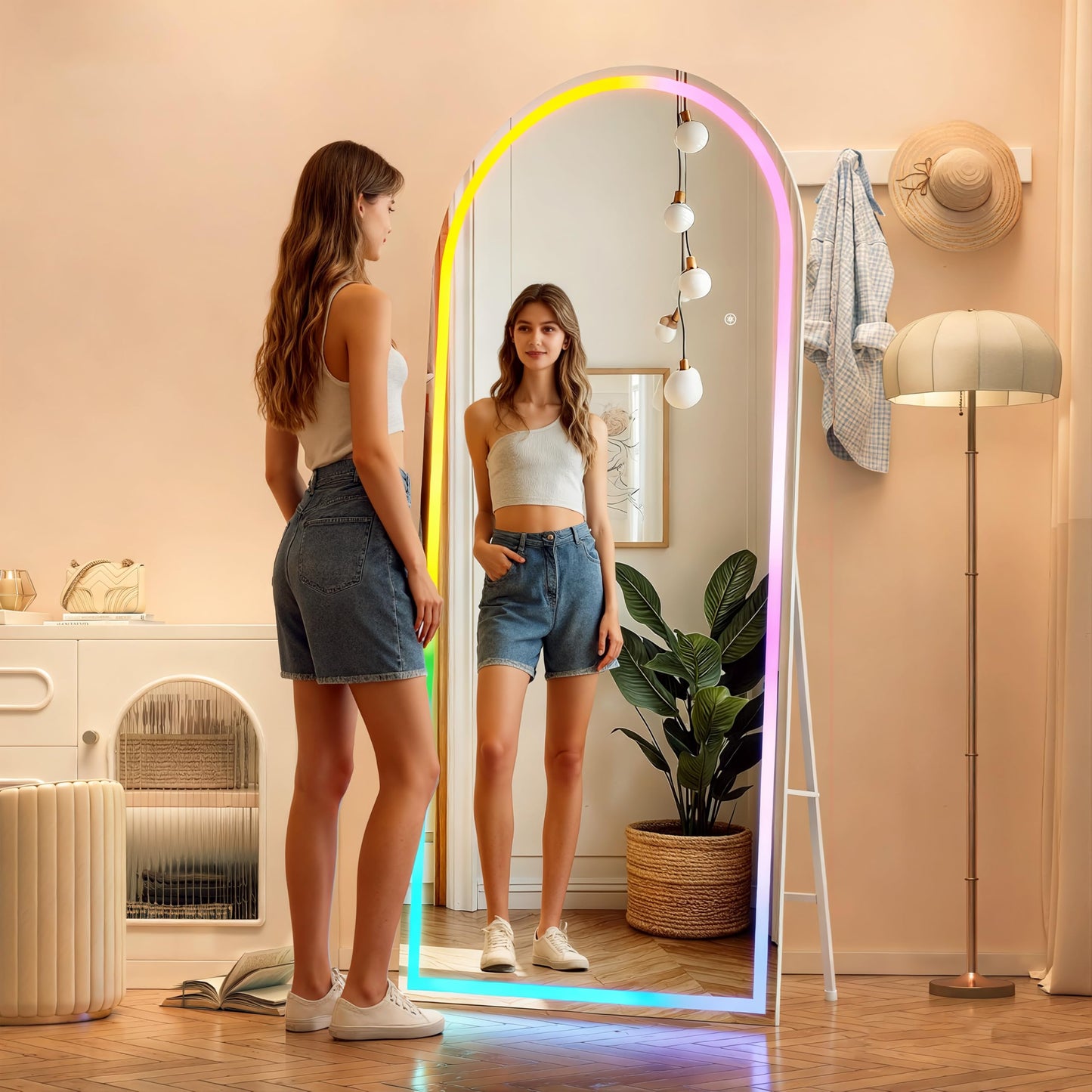 Hasipu 56" x 16" Arch LED RGB Bluetooth Full Length Mirror with Stand ＆ 7 Color Lighting Modes, Full Body Mirror with White Frame for Bedroom, Living Room, Dressing Room