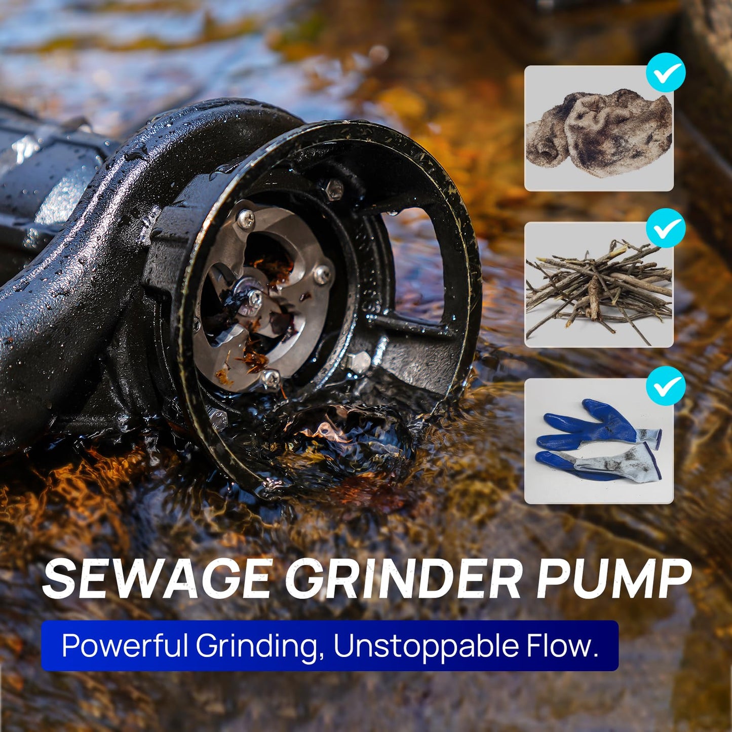Aquastrong 1 HP Sewage Grinder Pump, 220V 4200 GPH Sewage Pump 2 inch Discharge with Auto Float Switch for Basement Sump Basin and Sewage Well