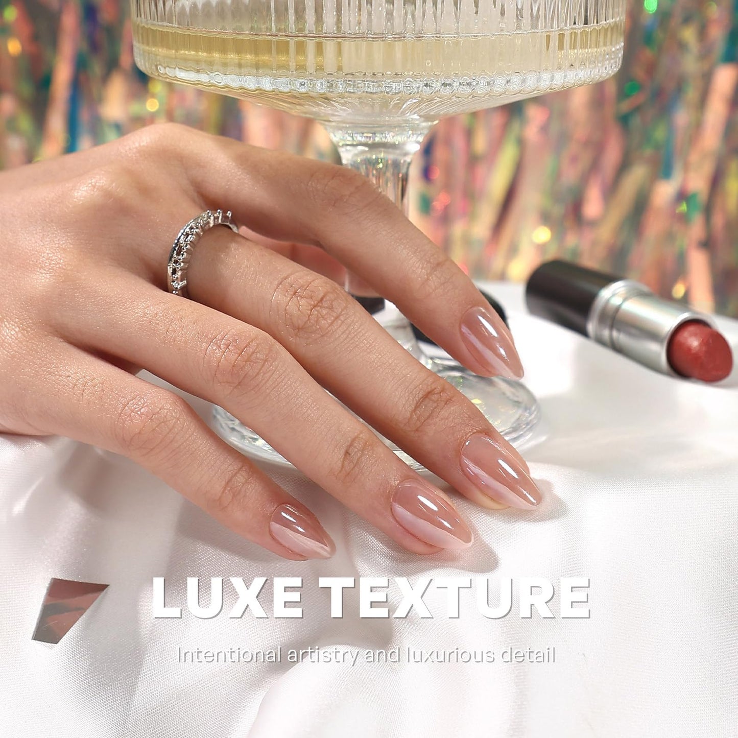 Champagne Chrome Glazed Donut Press on Nails Short - GJZEZ Soft Gel Pastel Almond Fall Fake Nails Press Ons, Ultra-Glossy Holographic Pearlescent Iridescent False Nail | 16 Sizes - 32 Reusable Nail