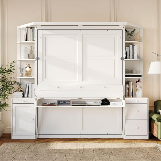 Merax Queen Murphy Bed with Desk and Storage, Hidden Wall Bed with Foldout Workstation, Shelves and Cabinets for Space-Saving Home Office, White