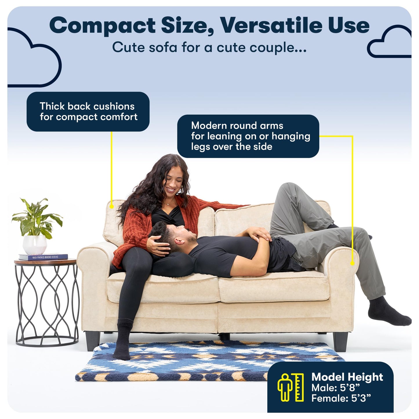 Serta Copenhagen 61" Rolled Arm Sofa, Easy Care Polyester, Soft Pillow Back, Pocket Coil Seat Cushions, Removable Covers, Loveseat or Couch for Small Spaces, Living Rooms or Bedrooms, Brown