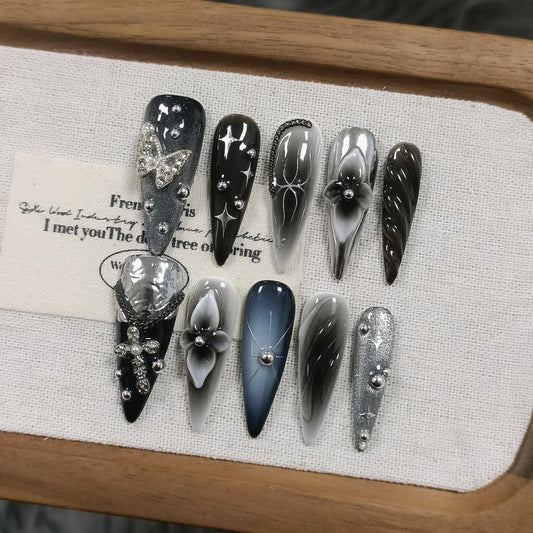 TENPAL 10Pcs Y2K Press On Nails With Tools,Handcuff Star & Skull 3D Charms Long Stiletto Fake Nails,Glossy Edgy Sweet Glitter Acrylic Glue on Nails for Concert Festival Party,Handmade Long Nails(XS)
