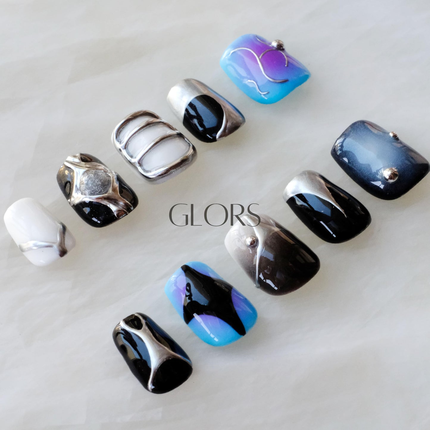 [GLORS] Purely Handmade Press On Nails | AI Cyberpunk Style Wearable Fake False Nails | Salon Quality with Metallic Short Nail Art in Short Square 10 pieces(XS,SS)