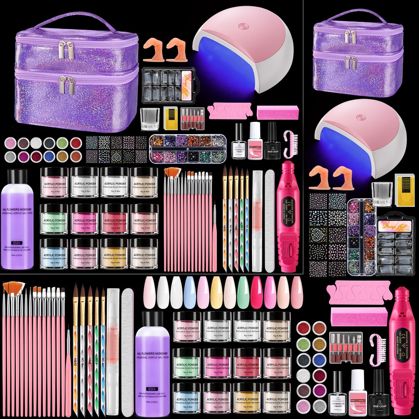 Acrylic Nail Kit for Beginners with Everything: 12 Colors Professional Acrylic Powder Starter Set with Drill UV Light Glitter & Rhinestones in Cosmetic Bag, Ideal Gift for Women Home & Salon (Purple)