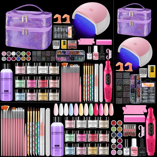 Acrylic Nail Kit for Beginners with Everything: 12 Colors Professional Acrylic Powder Starter Set with Drill UV Light Glitter & Rhinestones in Cosmetic Bag, Ideal Gift for Women Home & Salon (Purple)