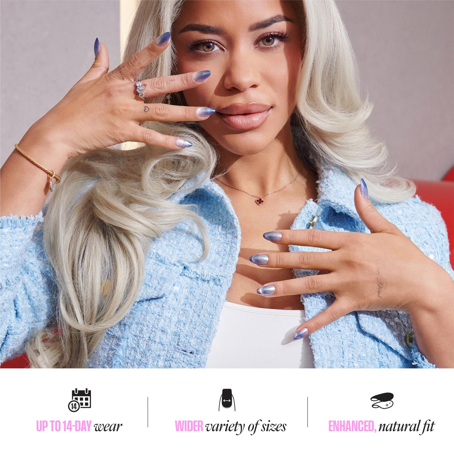 Kiss Glam, Press On Nails, Nail glue included, 'One n Only', Pink, Short Size, Round Shape, Includes 32 Nails, 2g Glue, 1 Manicure Stick, 1 Mini File