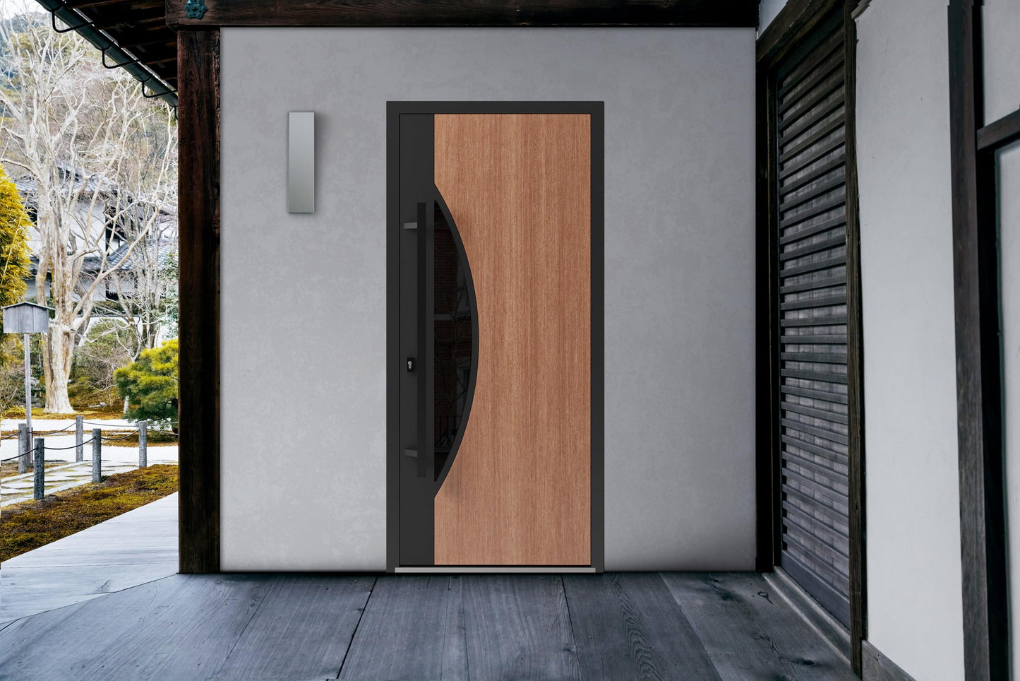 VDOMDOORS Front Exterior Prehung Steel Door/Ronex 1077 Teak/Entry Metal Modern Painted W36 x H80 Right Hand Inswing