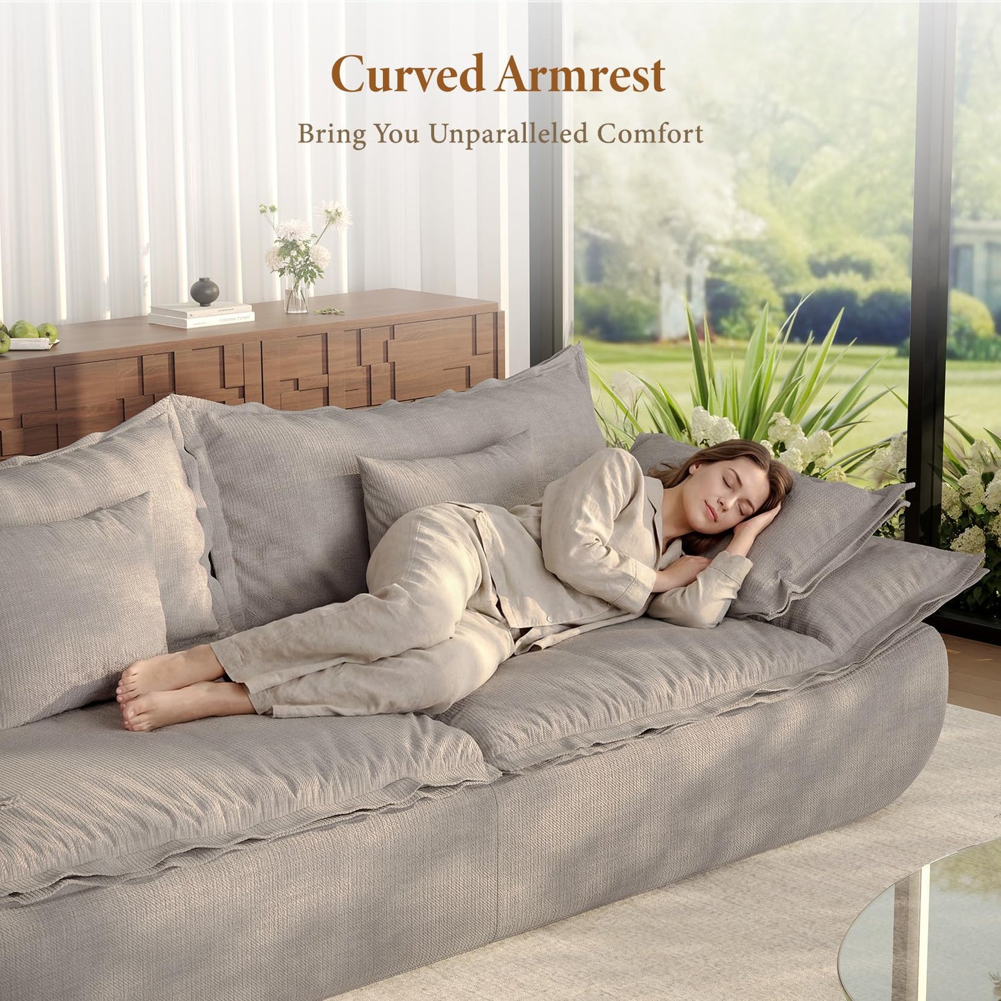 Vesgantti 86.6" Cloud Couch for Living Room, Modern 3 Seater Sailboat Sofa with Deep Seat, Comfy Chenille Upholstered Boneless Couch with Curved Armrest, No Assembly Required, Light Grey