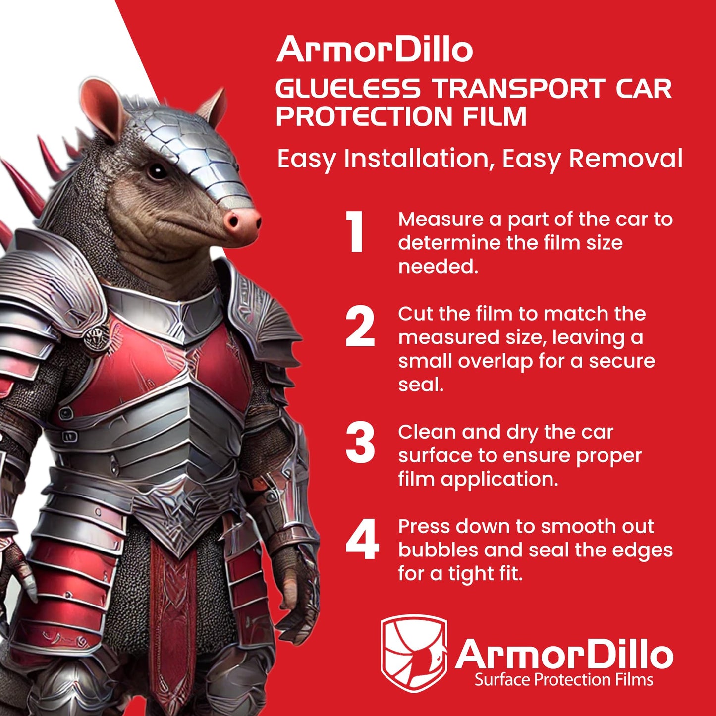 ArmorDillo Car Protection Film, Adhesive-Less Glue-Less Transport Wrap Metal Vehicle Film, 6 Months UVI Protective & No-Residue, Free Utility Knife, 100% USA Made, 5-Layer Polyolefin Blend- 36" x200'