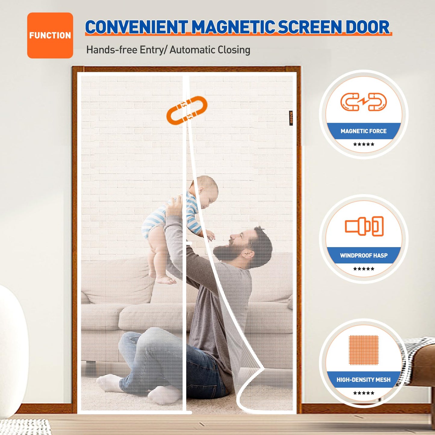 MAGZO Magnetic Screen Door Fit Door Size 72 x 96 Inch, Screen Size 74" x 97" Polyester Sturdy Mesh with Heavy Duty Full Frame Hook & Loop-White