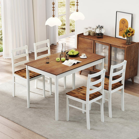 NAFORT Dining Table Set for 4, Solid Wood Kitchen Table and Chairs, Farmhouse Dinette Set w/Apron, Rubber Wood Legs, Mid-Century Modern Dining Room Table and 4 Chairs for Kitchen, Restaurant