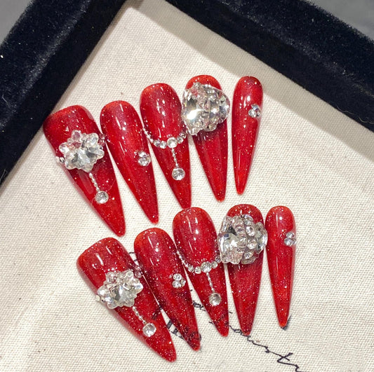 JIEADJIE Press On Nails (100% Handmade),Length Version,Handmade Painted Nail Art by Nail Technician,Luxury Party and Holiday Styles (Red Diamond, Small)