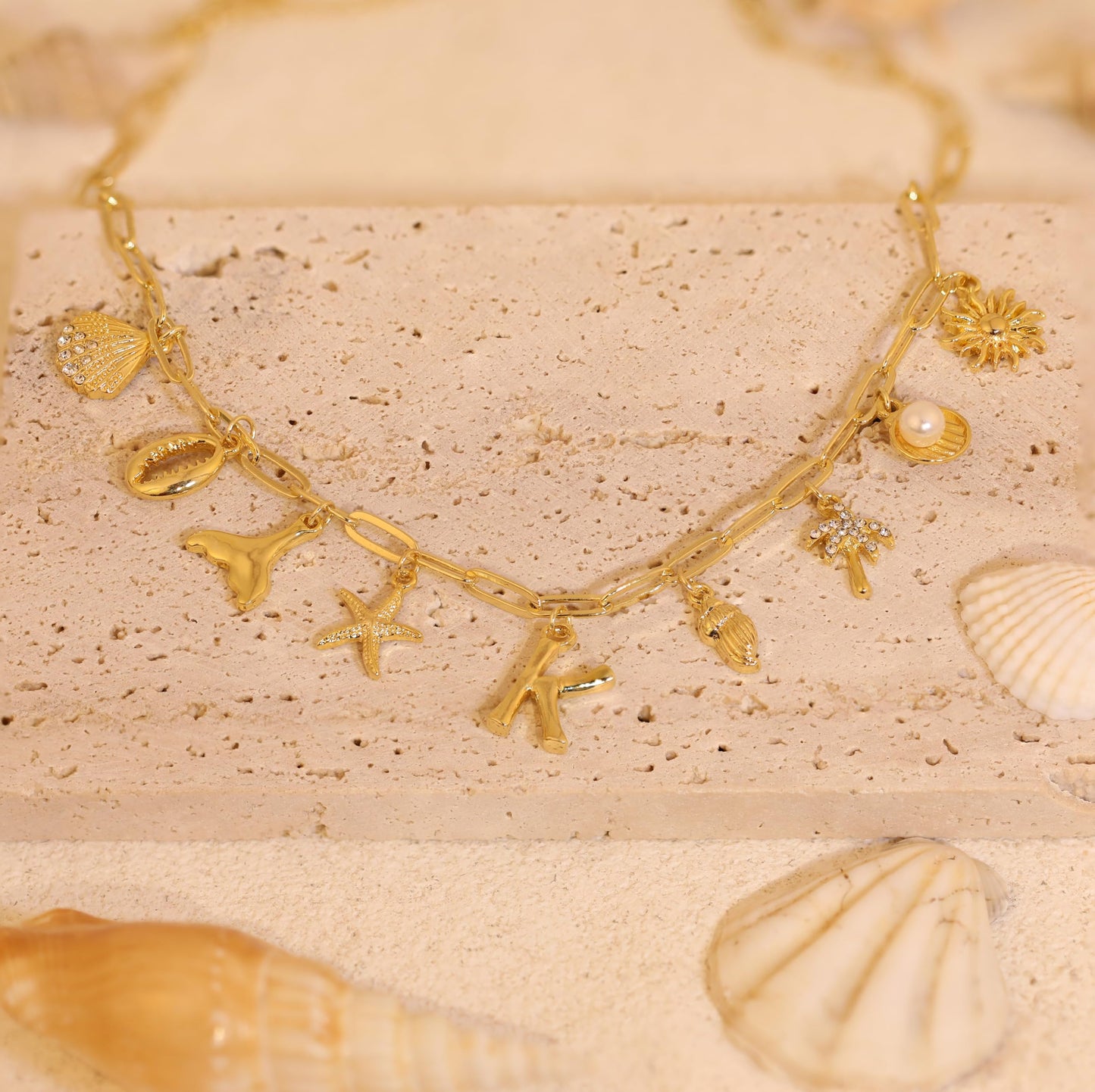JALZEMPL Initial Charm Necklaces For Women Shell Letter Paperclip Chain Seashell Starfish Beach Summer Pendant Boho Surfer 14K Gold Plated Jewelry Gift (L)