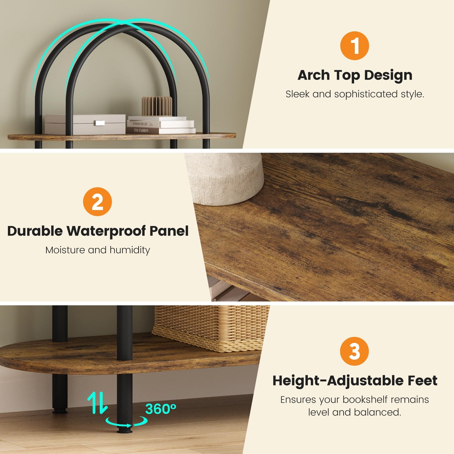 MilleLoom 71" Arched Bookshelf, 5 Tier Freestanding Open Bookcase with Sturdy Metal Frame, Modern Display Rack and Plant Shelf for Bedroom, Living Room, Home Office, Black and Retro