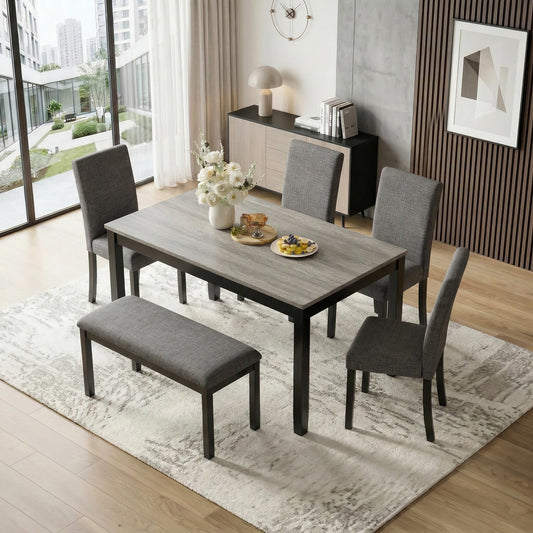 Casaphoria 6-Piece Dining Table Set with Bench and 4 Upholstered Chairs, Modern Wood Kitchen Table Set for 6, Rectangular Furniture for Dining Room, Home Gatherings, Light Grey & Black