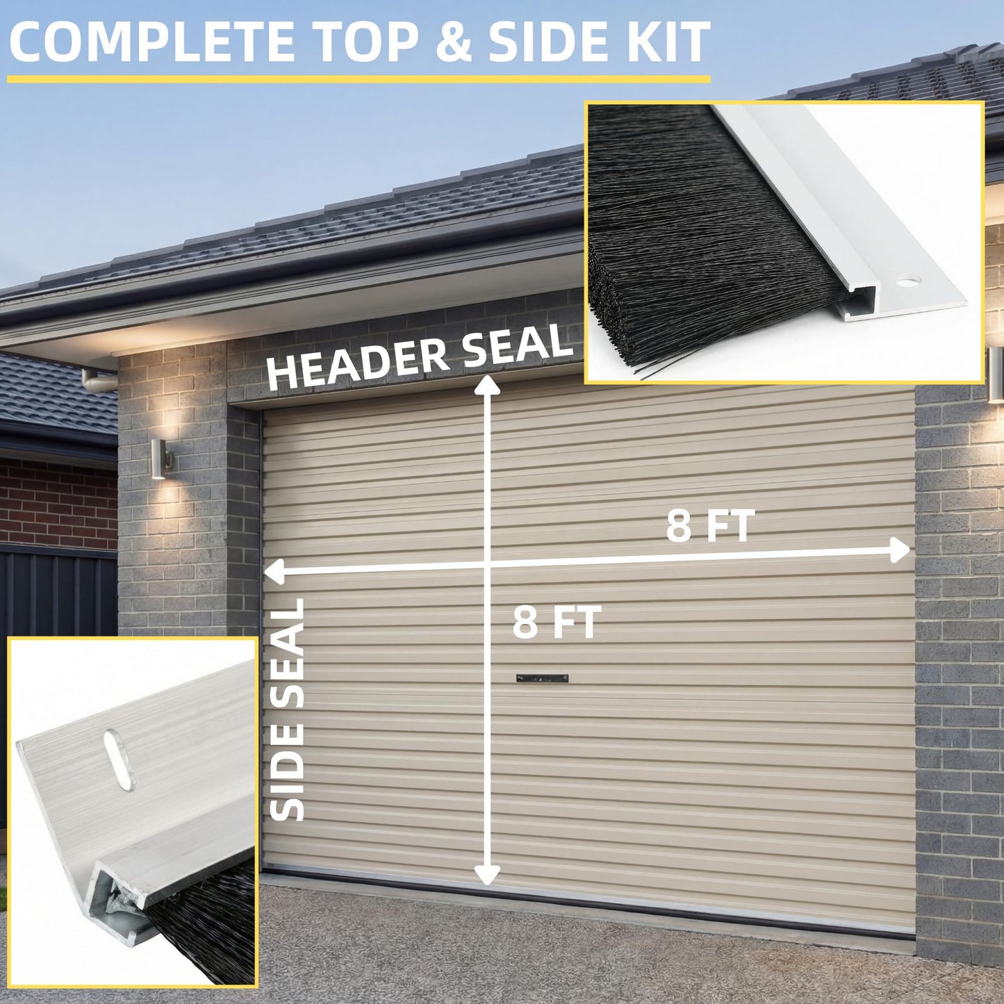 Mindoub 24 FT Garage Door Brush Seal Kit for 8'W X 8'H Doors, 2" High-Density Nylon Bristle with Pre-Drilled Aluminum Track, Complete Top and Side Weather Stripping for Roll Up Doors