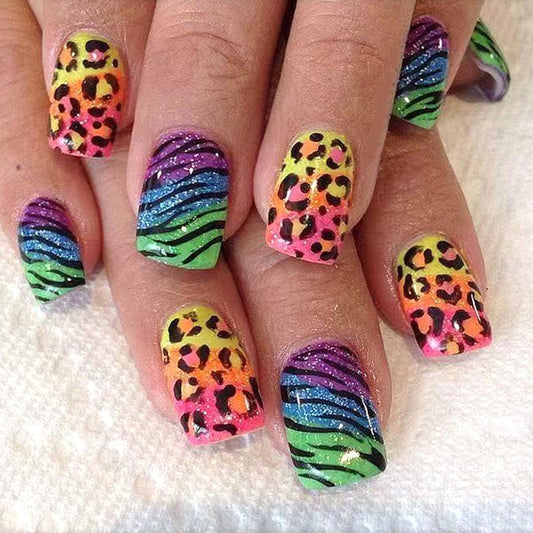 Rainbow Leopard Print Press on Nails for Women Glue on Nails Short Square Fake Nail, with Neon Gradient Glitter Designs Colorful False Nail Press ons Artificial Acrylic Kit for Women 24Pcs