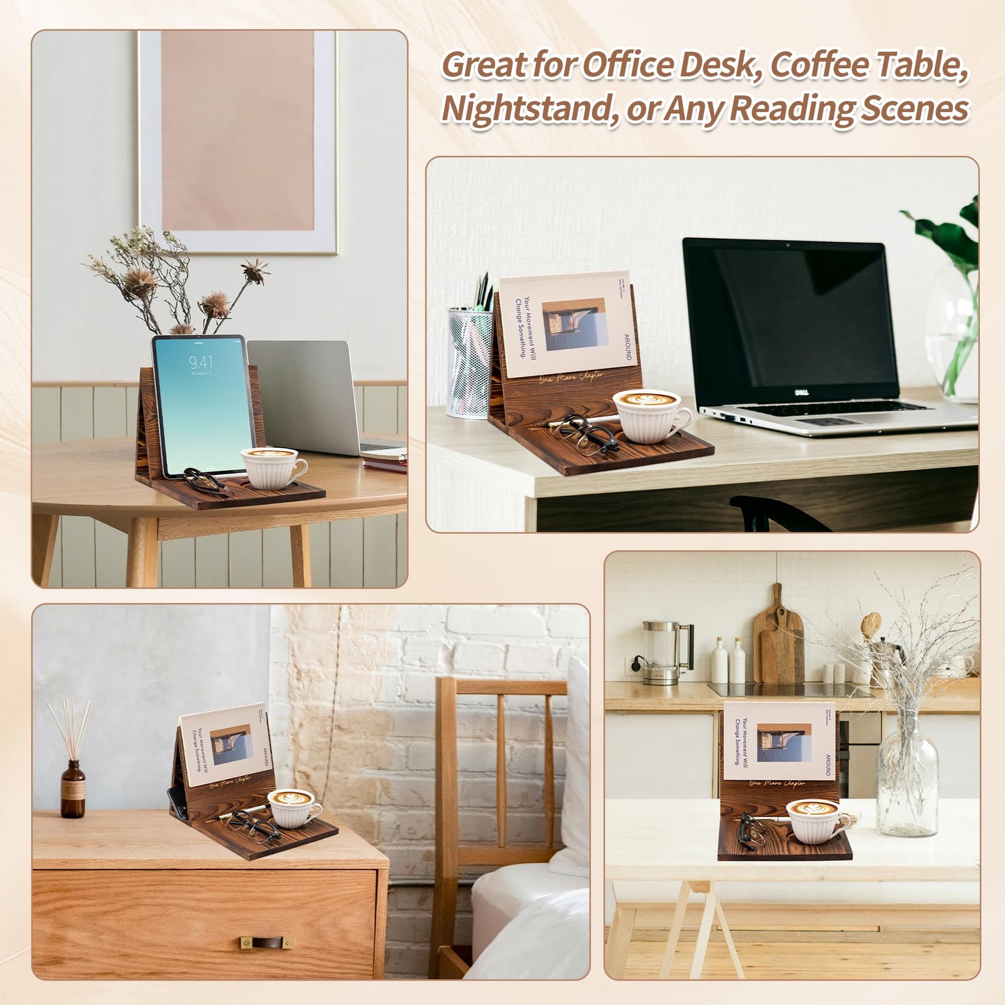 Wooden Book Holder Stand for Page Rest Nook Reading Valet with Coffee Mug Cup Glasses Pen Ipad Holder for Nightstand Desktop Bedside Birthday Gifts for Book Lovers Readers (Brown)