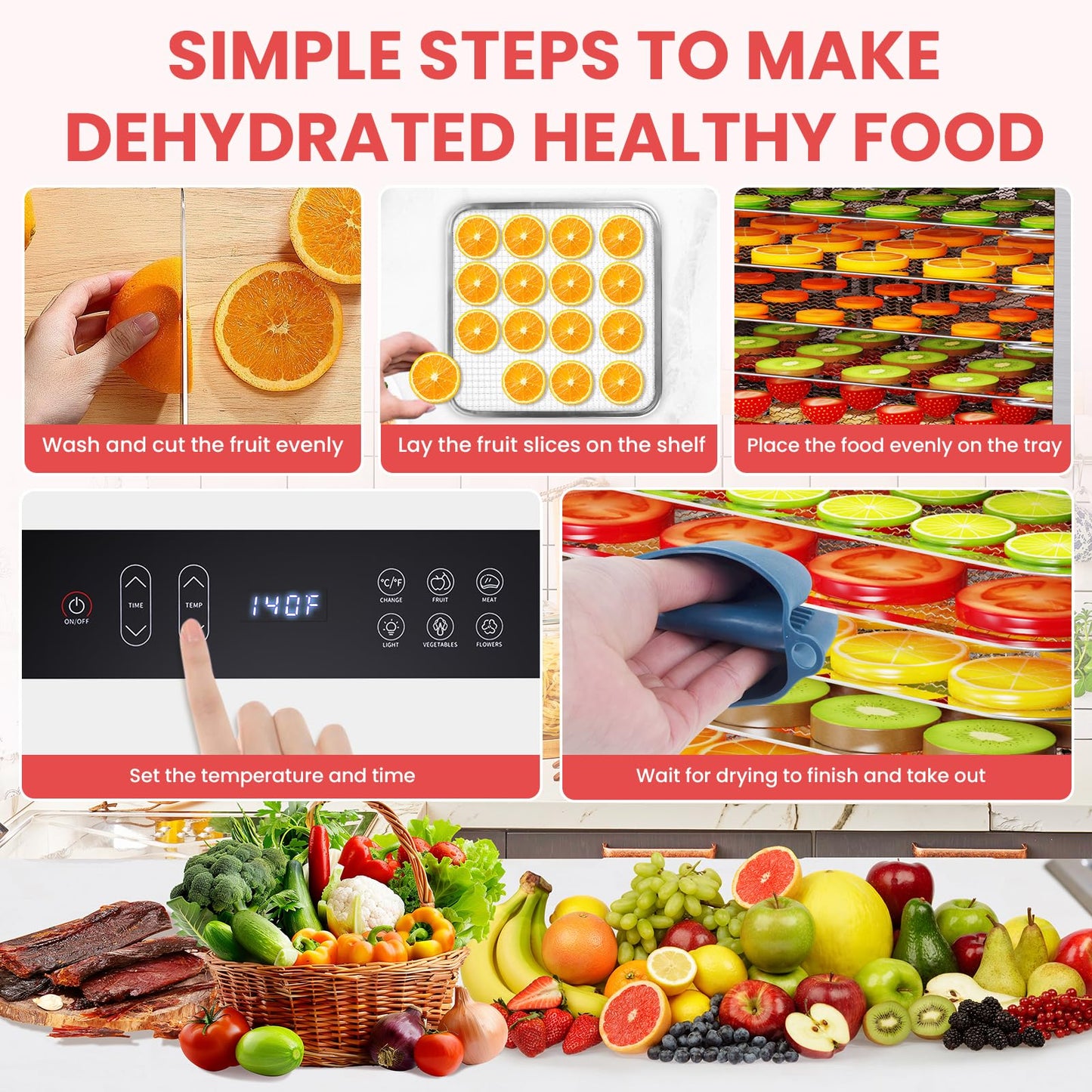 Fendia Food Dehydrator for Jerky, 7 Stainless Steel Large Trays, 600W Fruit Dehydrator, 24H Timer and 194°F Temperature Control, Overheat Protection, Food Dryer for Jerky, Herbs, Fruit, Dog Treats