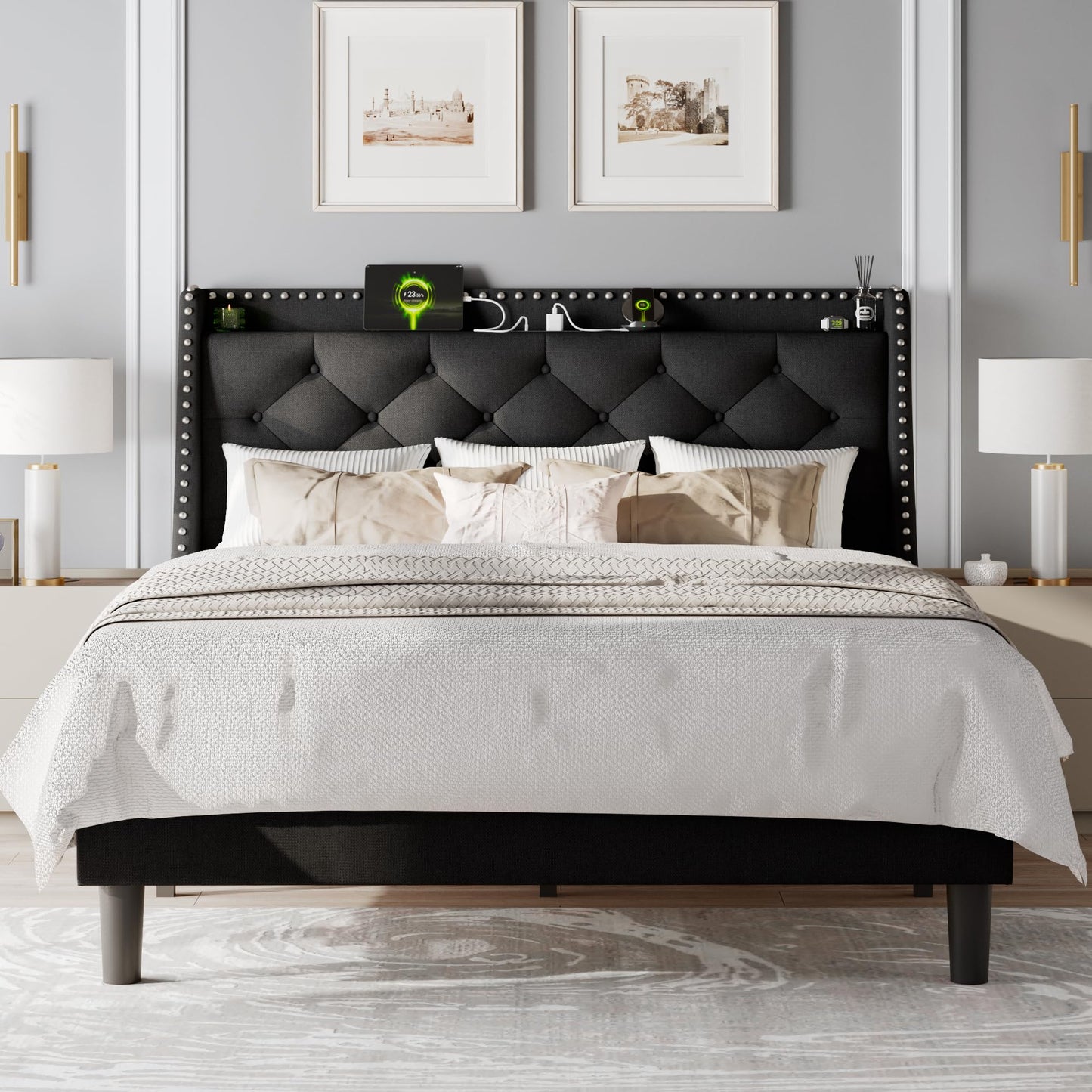Feonase Queen Bed Frame with Luxury Wingback Upholstered Button Tufted Storage Headboard, Queen Platform Bed with Charging Station, Sturdy Wooden Slats Support, Noise-Free, Easy Assembly, Black
