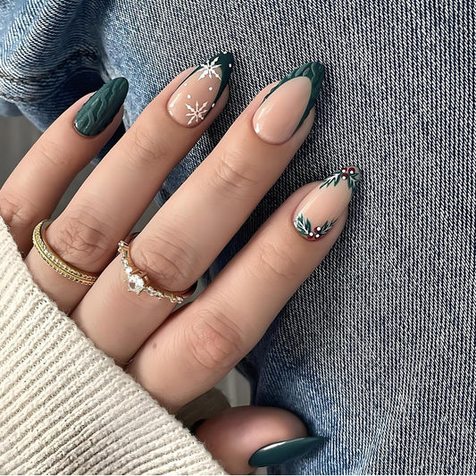 LPOODDNU Christmas Press on Nails Almond - Green French Tip Medium Fake Nails with Snowflake Designs, Glossy Finished Reusable False Nails with Adhesive Glue Tabs - 24Pcs Nail Kit for Women Manicure