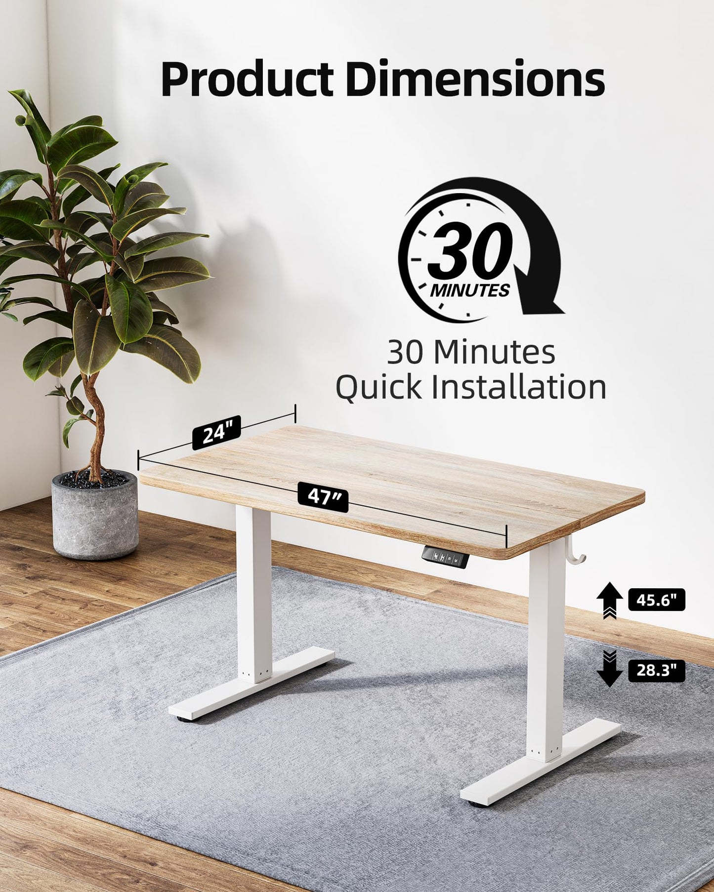 TIQLAB Electric Height Adjustable Standing Desk 47.2×23.6 inch, Sit Stand Desk with Splice Board, Memory Controller, White Frame & Maple Top Computer Workstation for Home Office