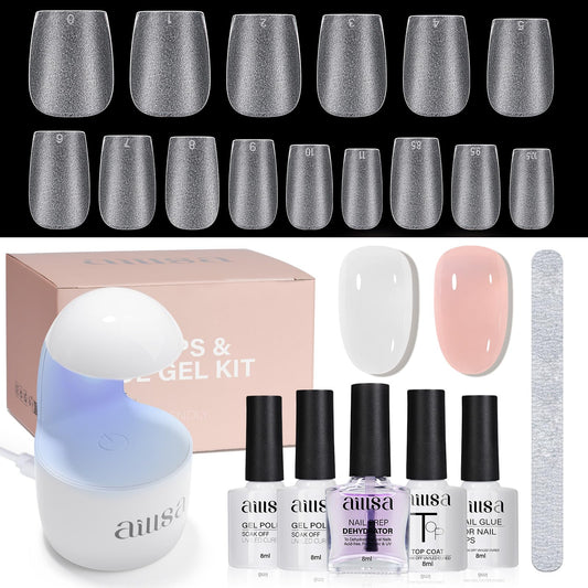AILLSA Extra Short Coffin Gel Nail Kit 240pcs Full Nail Tips with 2 In 1 Nail Glue Base Top Coat Nail Dehydrator U v Led Lamp, Gel Extension Nail Kit for Beginners Home Salon