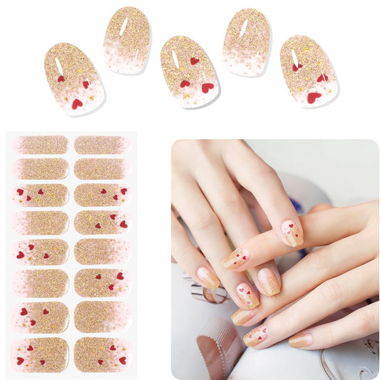 Semi Cured Gel Nail Strips -Nude Pink Glitter- Stylish Nail Wraps, No UV Light Needed, Effortless Application & Removal, Salon Quality, Includes 16 Wraps, 1 Prep Pad, Wooden Stick & Nail File
