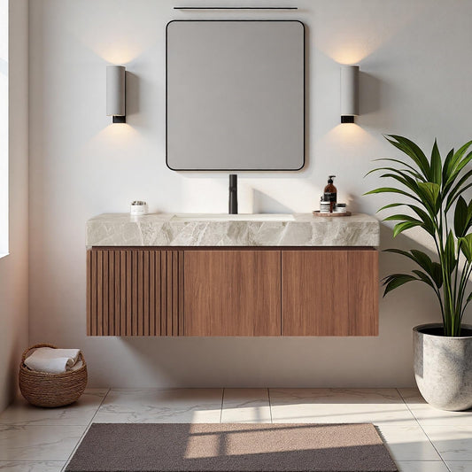 Trygoal 48" Bathroom Vanity with Sink, Wall-Mounted Plywood Bathroom Storage Cabinet with Ceramic Basin & Sintered Stone Countertop, Modern Pre-Assembled Floating Vanity with Drawer & Door, Brown Oak
