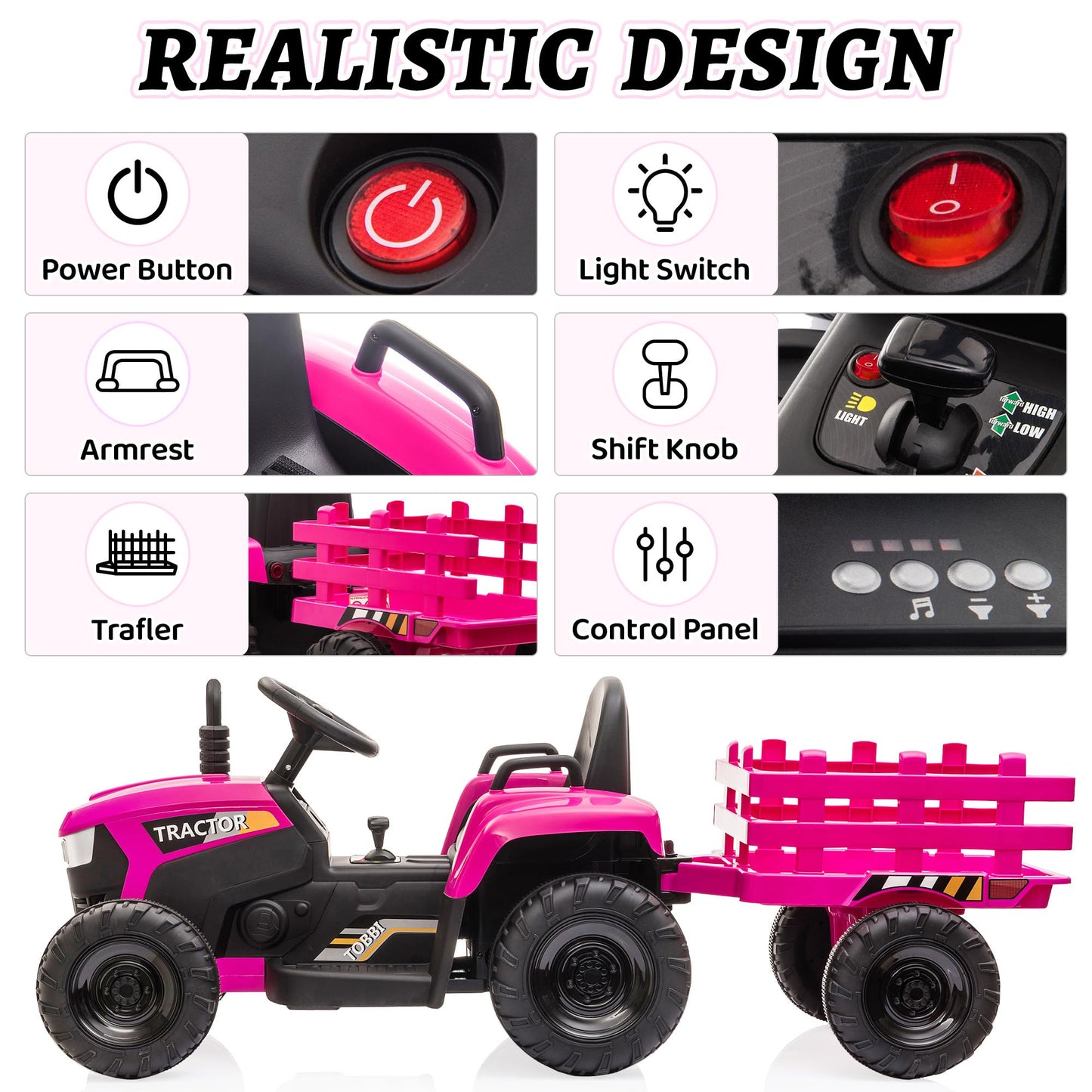 TOBBI Kids Electric Ride On Toy Tractor, Toddlers 12V Battery-Powered Car to Drive, 35W Dual Motor 6-Wheels Trailer Vehicle with 3-Speeds/LED & Horn Functions for Chirdren Aged 3-6-Pink