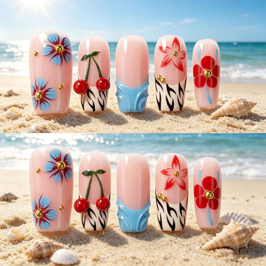 Handmade Press on Nails Square 3D Cute Glue on Nails for Women, Luxury Homemade Press on Nail Art Design, Fake Nails with 3D Nail Charms Size M 1