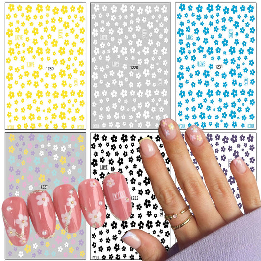 6 Sheets 3D Flower Nail Art Stickers Self-Adhesive Black White Yellow Colorful Decals for Women Manicure Tips Acrylic Nails DIY Decoration Supplies