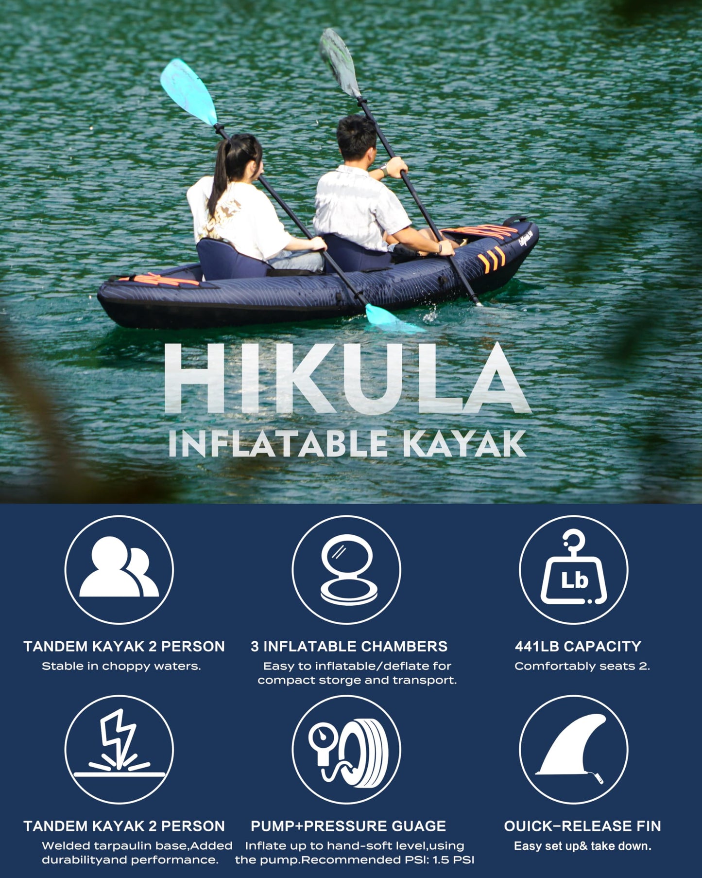 Inflatable Kayak 2 Person, Tandem Kayak, Foldable Kayaks for Adults, with Kayak Fin, 2 Aluminum Paddles, 2 Padded Seats, Hand Pump and Travel Backpack