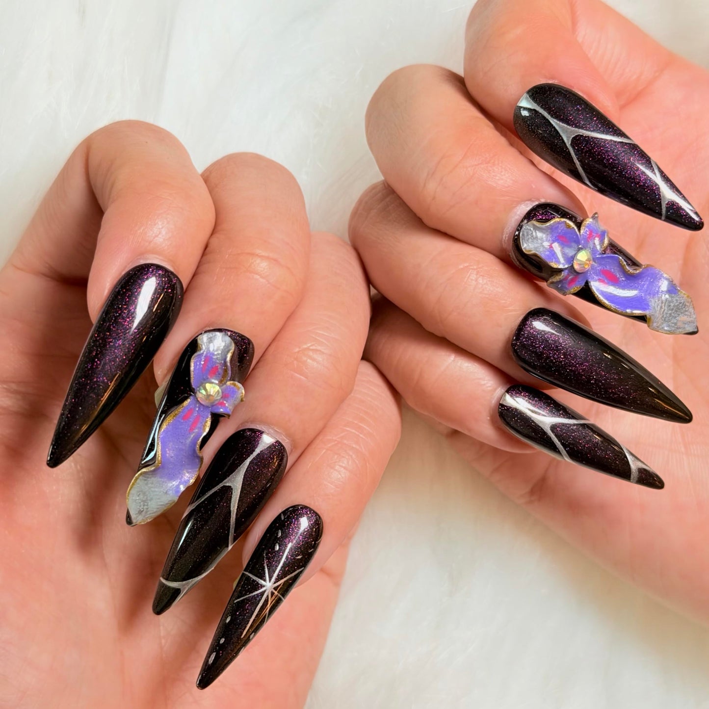 Avilux Press On Nails – Handmade, Reusable, 3D Designer Nail Art, 10Pcs Fake Nails for Women and Girls, Perfect for Holidays, Parties & Gifts (Mystic Orchid Glitter, Small)