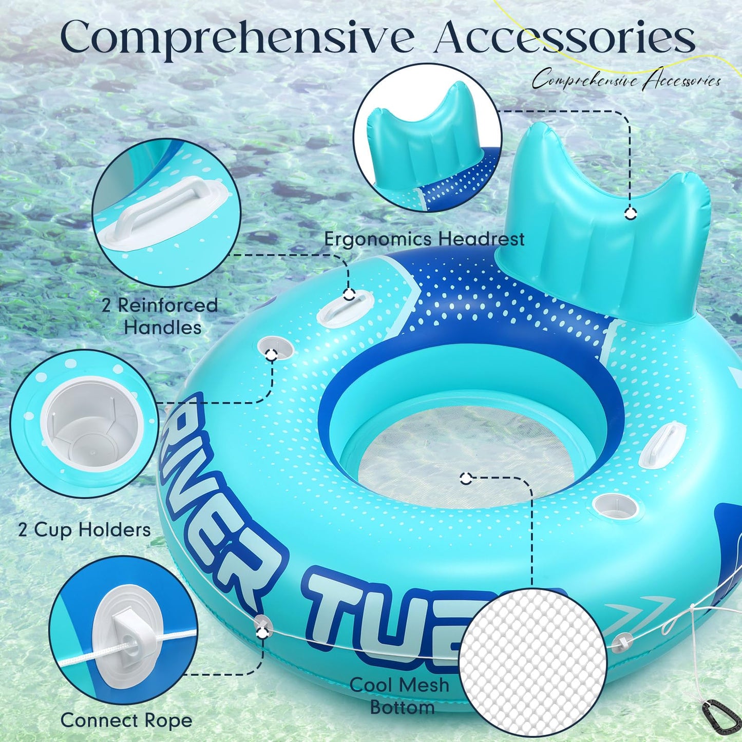 Glimin 6 Pcs Green Blue 53" Heavy Duty River Tube Float Inflatable Pool Floating Tube for Adult Large River Raft Water Chair Lounger with Mesh Bottom Backrest 2 Cup Holders and Handles, Holds 300lb