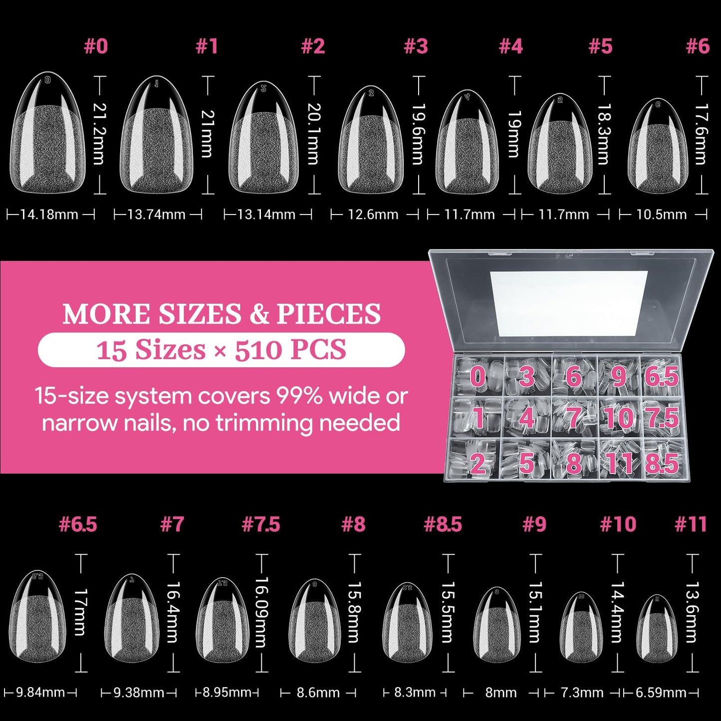 Qiek Short Almond False Nail Tips, 15 Sizes 510 PCS Clear Soft Press On Fake Nail Pre-shaped Half Matte Full Cover Gel Nail Tips Extensions Strong Thick Long Lasting for DIY Beginners & Salon Manicure