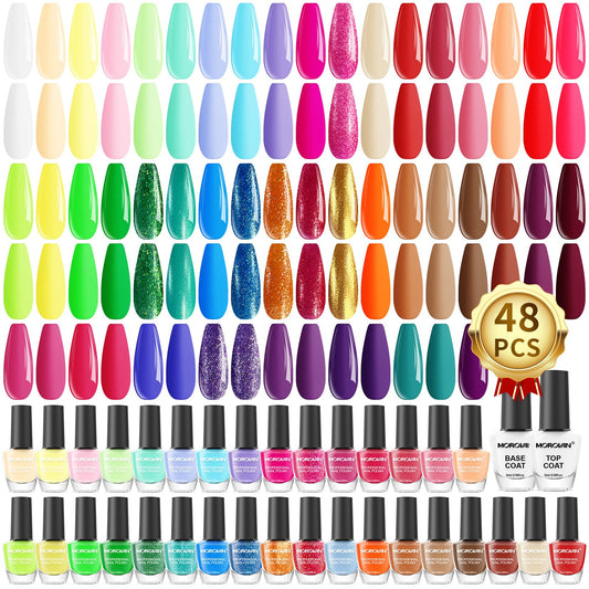 Morovan Nail Polish Set Fingernail: 48PC Air Quick Dry Nail Polish Kit with 2PC Base Top Coat Regular Nail Pack Finger Nail Bulk Gift for Women Girls