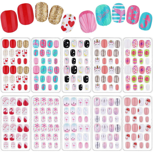 Maitys 240 Pcs Children False Nails 10 Packs Kids Girls Press on Short Artificial Fake Nails Gradient Color Rainbow Pre Glue Full Cover Acrylic Nail Kit for Children Nail Decoration(Pink Flower)
