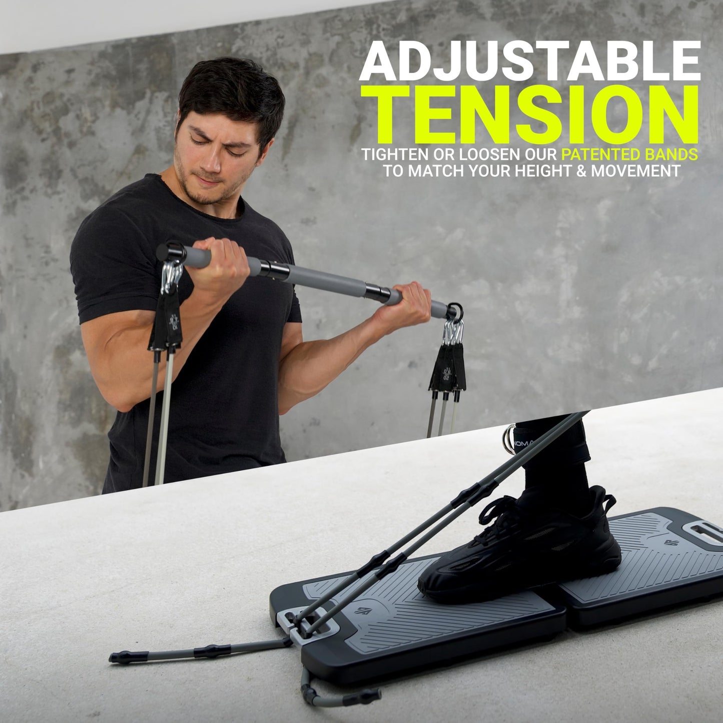 EVO Gym - Portable Home Gym Strength Training Equipment, at Home Gym | All in One Gym - 8 Resistance Bands, Base Holds Gym Bar & Handles for Travel | Portable Gym & Home Exercise Equipment | 220LBS